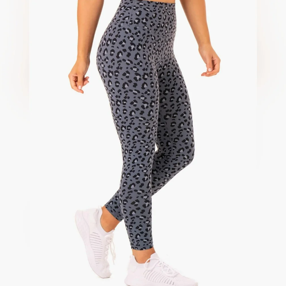 Ryderwear Gray Black Leopard Hybrid Full Length Leggings Size Medium